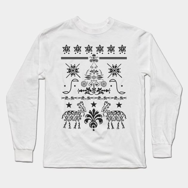 Vintage Pagan Christmas Retro Yule Goat Evergreen Tree Fair Isle Pattern Long Sleeve T-Shirt by retroyule